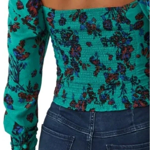 Free People Hilary Printed Top in green combo size S New With Tag - Picture 5 of 12